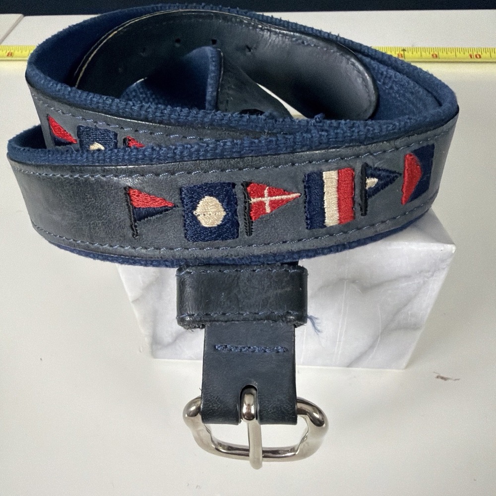 Vintage ZEPPELIN Nautical Signal Flag Leather Belt Size 42 Blue Canvas POTAPS